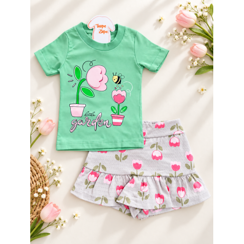  Conj. Blusa Little Garden e Short Saia Flores - Verde