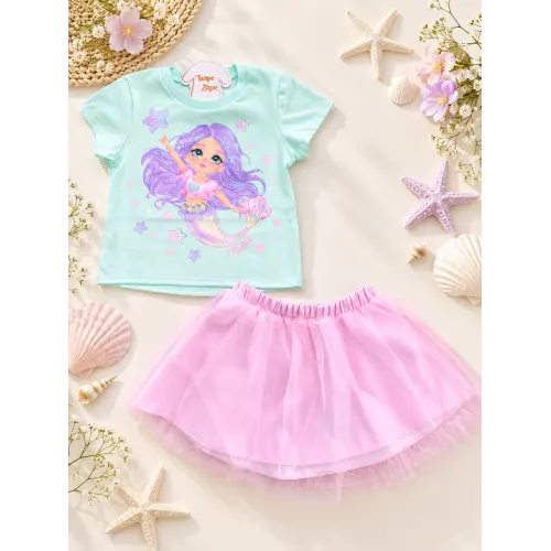  Conj. Blusa Sereia e Saia em Tule - Verde Água