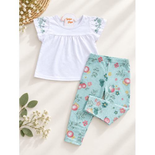 Conj. Bata com Flores nas Mangas e Calça Legging - Verde