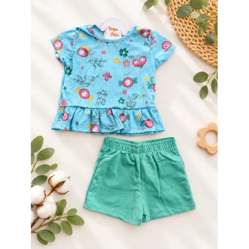 Conj. Blusa Bichinhos com Flores e Short - Verde