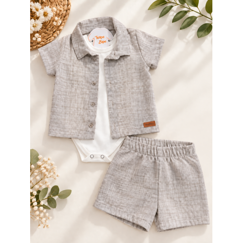 Conj. Camisa, Body e Bermuda - Areia