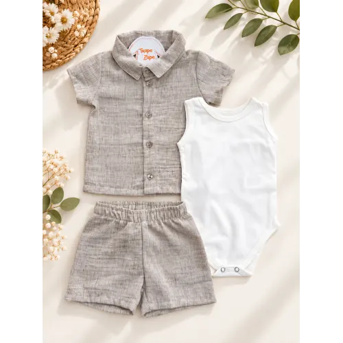 Conj. Camisa, Body e Bermuda - Areia