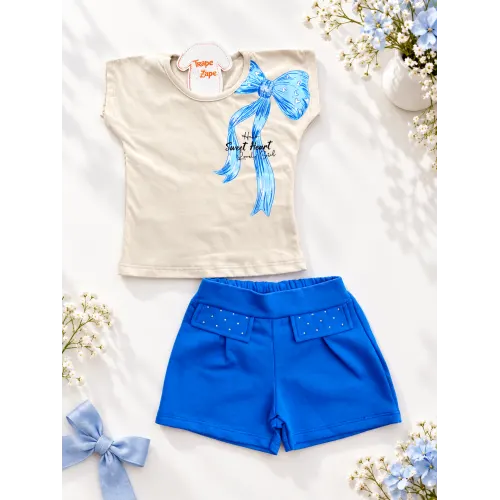 Conj. Blusa Sweet Heart e Short - Areia e Azul