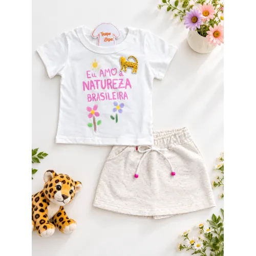 Conj. Blusa Eu amo a Natureza Brasileira e Short Saia em Linho - Off White