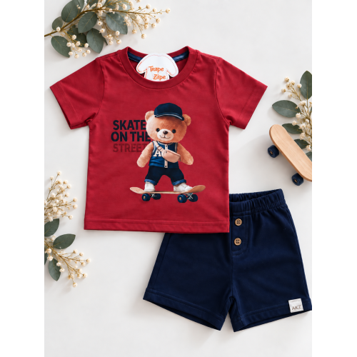  Conj. Camiseta Skate on the Street e Bermuda - Vermelho Maple