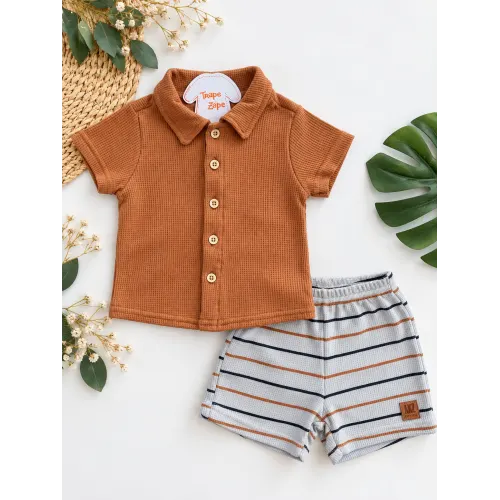 Conj. Camisa com Botões e Bermuda com Listras - Marrom