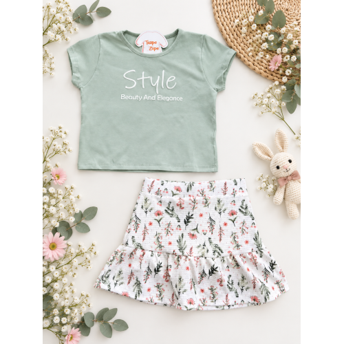 Conj. Blusa Style e Short Saia Floral - Verde