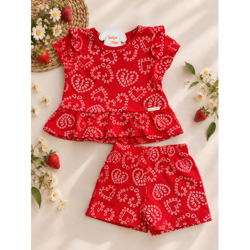 Conj. Blusa e Short Corações - Vermelho