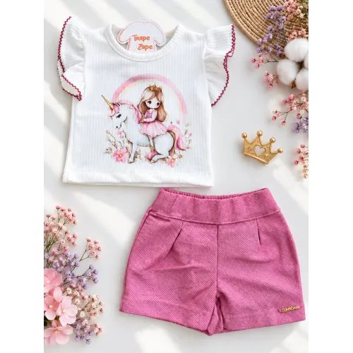 Conj. Blusa Princesa com Unicórnio e Short - Uva e Off White