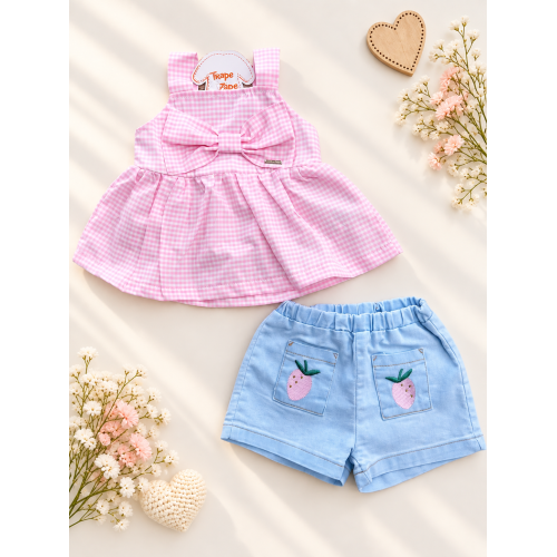 Conj. Regata Xadrez e Short Jeans Morangos - Rosa