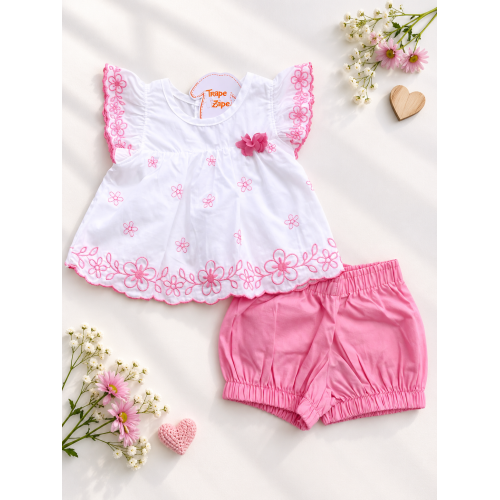 Conj. Batinha com Flores em Lese Bordado e Short - Off White e Rosa