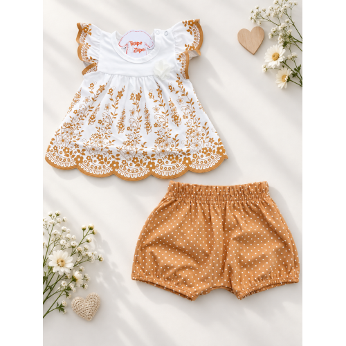 Conj. Batinha com Flores e Short Poá - Areia e Off White