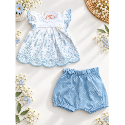 Conj. Batinha com Flores e Short Poá - Verde Pastel e Off White