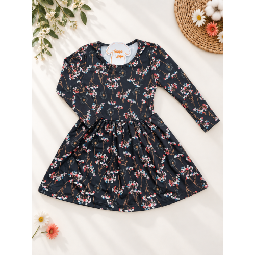  Vestido Manga Longa Malha Térmica com Flores Coloridas - Marinho
