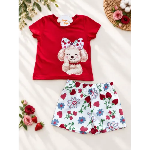 Conj. Blusa Doguinha de Lacinho e Short Morangos - Vermelho