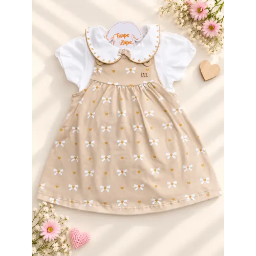  Conj. Body Gola Bordada e Salopete Lacinhos - Off White e Areia