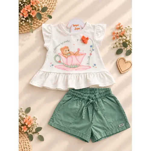 Conj. Blusa Ursinha Cházinho Relaxante e Short - Areia e Verde