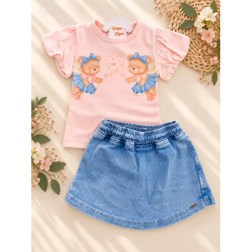 Conj. Blusa Ursinhas Fadinhas e Short Saia Jeans - Rose