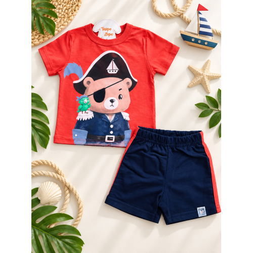  Conj. Camiseta Ursinho Pirata e Bermuda - Laranja e Marinho