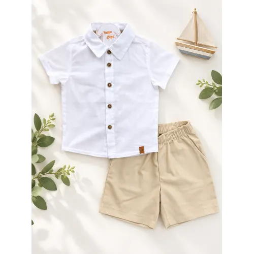  Conj. Camisa com Botões e Bermuda - Branco e Areia