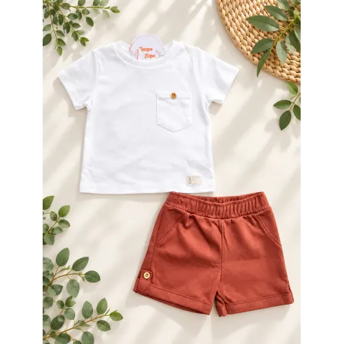  Conj. Camiseta com Bolsinho e Bermuda - Off White e Ferrugem