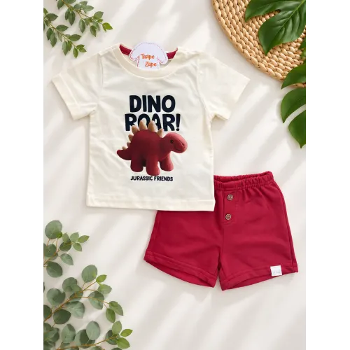 Conj. Camiseta Dino Roar! e Bermuda - Creme e Vermelho