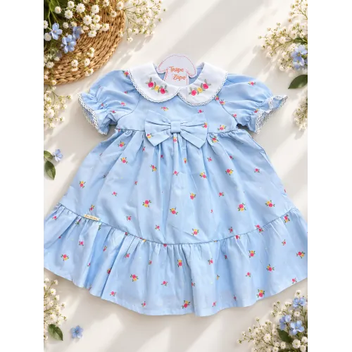 Vestido Azul Floridinho com gola bordada
