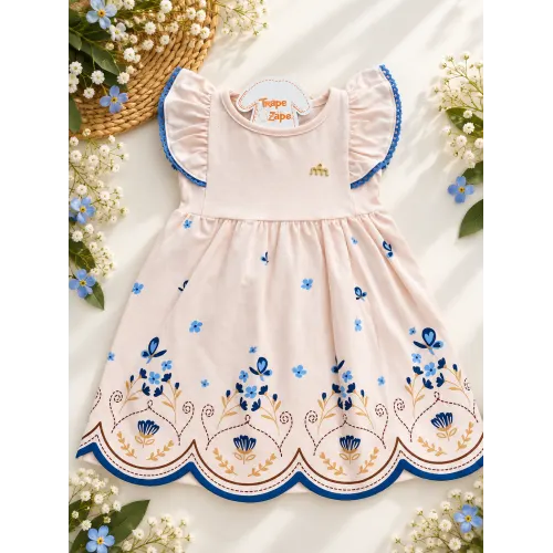 Vestido Rosa Bebê com florais Azul e Caramelo