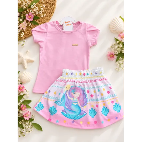 Conj Blusa Rosa e Saia Sereia 