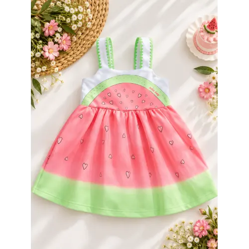 Vestido Melancia com Strass - Rosa e Verde