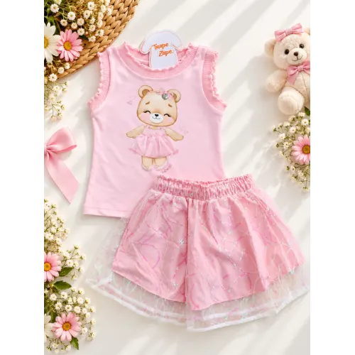 Conj. Regata Ursinha e Short Saia em Tule com Paetê - Rosa