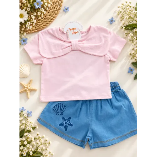 Conj. Blusa Laço Strass e Short Conchinhas - Rosa e Jeans