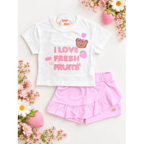 Conj. Blusa I Love Fresh Fruits e Short Saia - Off White e Rosa