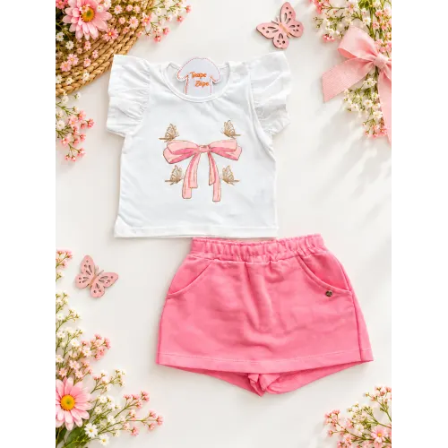 Conj. Blusa Laço com Borboletas e Short Saia - Off White e Rose