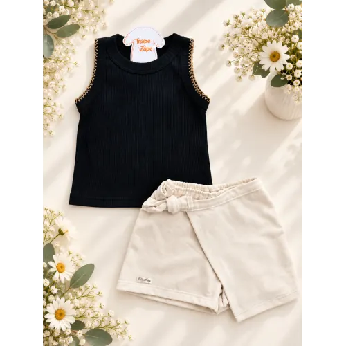 Conj. Regata Canelada e Short Saia - Preto e Areia