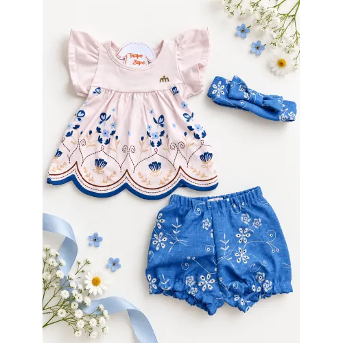 Conj. Batinha Jardim de Borboletas, Short e Faixinha Lese Floral - Rosa Bebê e Jeans