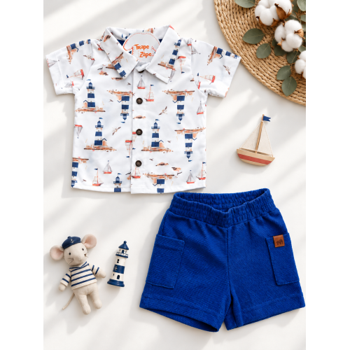 Conj. Camisa Praia e Bermuda - Azul e Off White