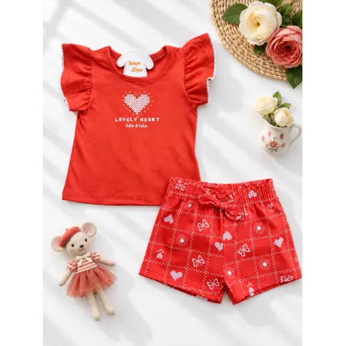  Conj. Blusa Lovely Heart e Short Flores com Borboletas - Cor Telha