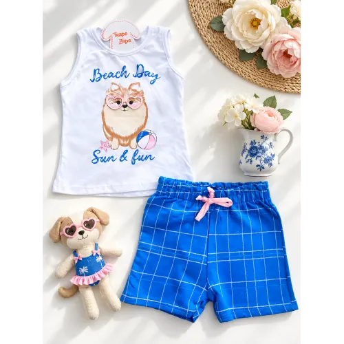 Conj. Regata Beach Dog e Short - Branco e Azul Jeans