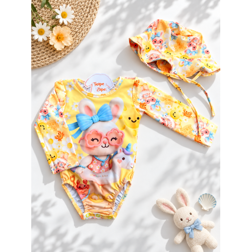 Linha Praia - Maiô Manga Longa Coelhinha e Bucket com Proteção UV50+ - Amarelo