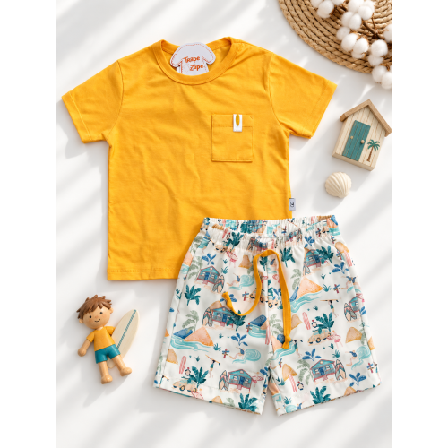 Conj. Camiseta com Bolsinho e Bermuda Praiana - Laranja