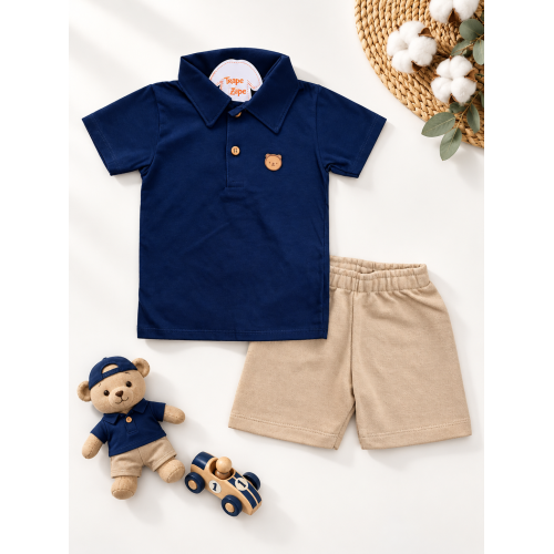  Conj. Camiseta Gola Polo Urso e Bermuda - Marinho e Areia