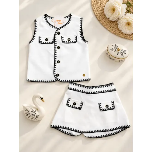 Conj. Colete e Short Saia Botões em Linho - Off White e Preto