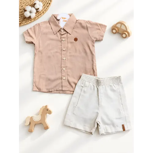 Conj. Camisa Rajada e Bermuda em Linho - Areia