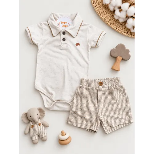 Conj. Body com Gola Polo e Bermuda em Linho - Areia