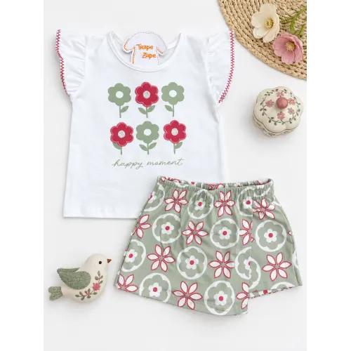 Conj. Blusa Happy Moment e Short Saia Floral - Off White e Verde