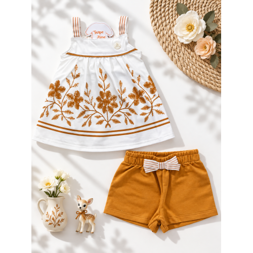 Conj. Batinha Flores e Short com Lacinho - Caramelo e Off White