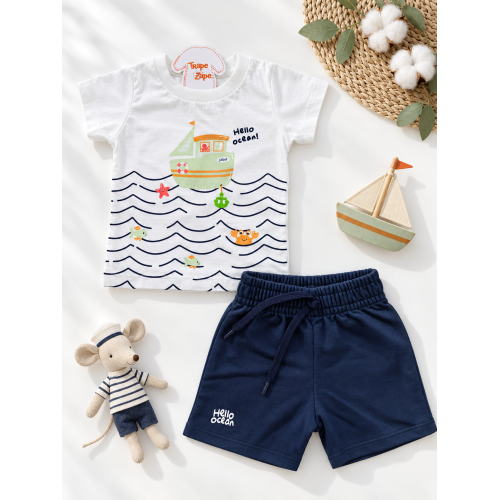Conj. Camiseta Hello Ocean e Bermuda - Off White e Chumbo