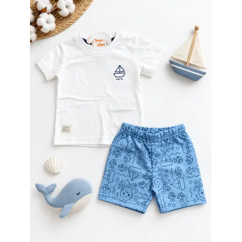 Conj. Camiseta Barquinho e Bermuda Fundo do Mar - Off White e Azul
