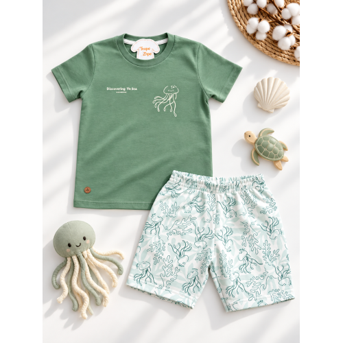 Conj. Camiseta Discovery the Sea e Bermuda - Verde e Off White